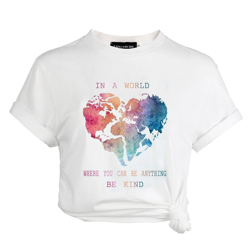 

Women's Fashion Heart Shape Be Kind Letter Print T-shirt Summer Causal Top Graphic Tees White Short Sleeve T Shirt Drop Ship