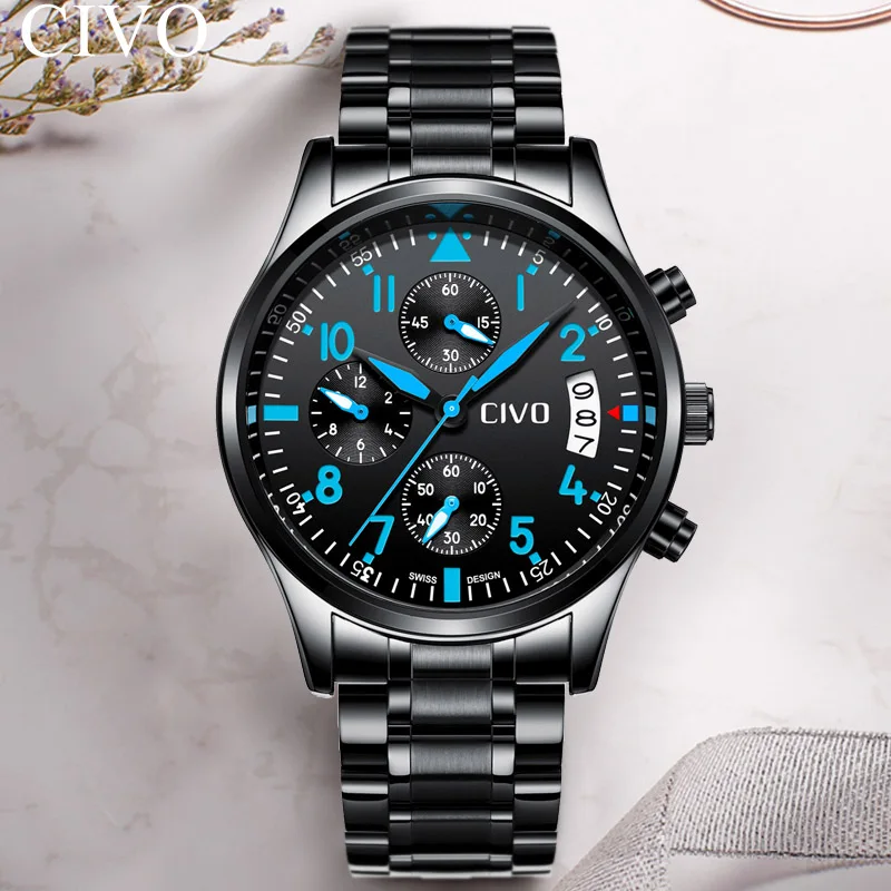 

CIVO New Sport Multifunctional Mens Watch Waterproof Stainless Steel Buckle Watches Chronograph Wristwatch Modern Luxury Clock
