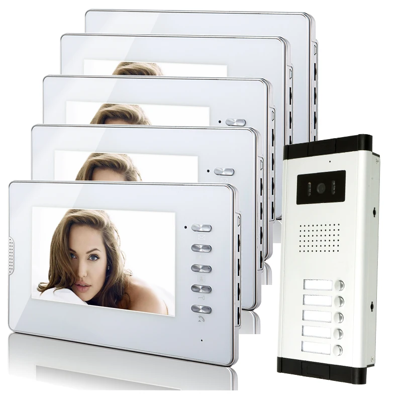 

FREE SHIPPING New 7" Color Screen Video Intercom Door Phone System 5 White Monitor 1 Doorbell Camera For 5 House Family In Stock