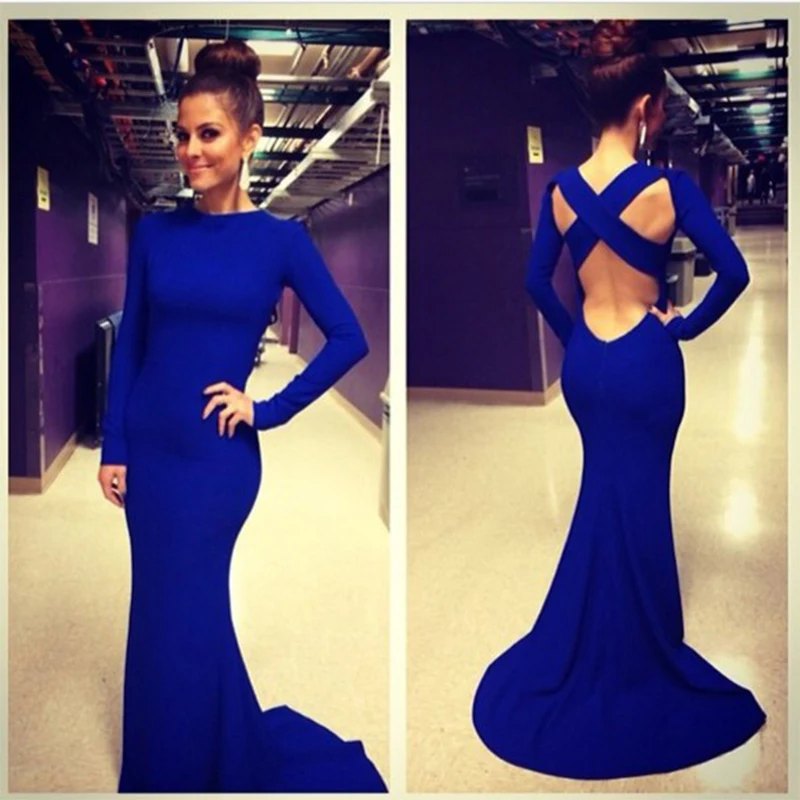 

Elegant Royal Blue Mermaid Long Prom Dresses 2019 Long Sleeve Backless Sweep Train Satin Evening Gowns Vestido De Festa Hot Sale