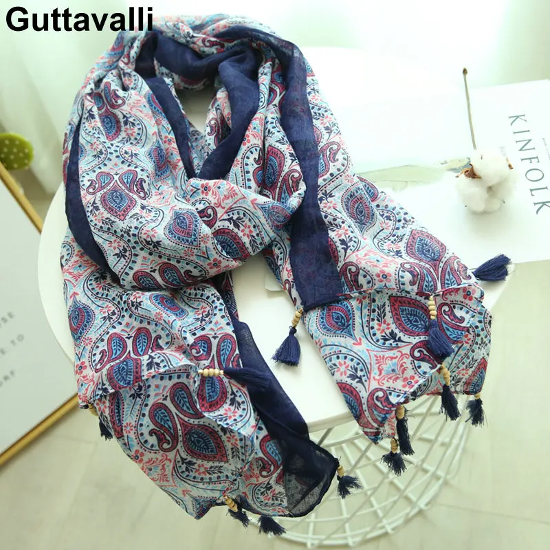 

Guttavalli Women National Nice Cashews Flowers Cotton Tassel Long Shawl Female Chevron Sunscreen Floral Soft Totems Navy Scarf