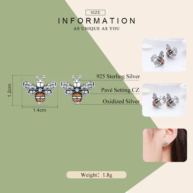 BAMOER-pendientes de tuerca de alta calidad para mujer, de plata de ley 100% 925 con diseño de abeja, CZ transparente, joyería de plata SCE344 BAMOER-pendientes de tuerca de alta calidad para mujer, de plata de ley 100% 925 con diseño de abeja, CZ transparente, joyería de plata SCE344