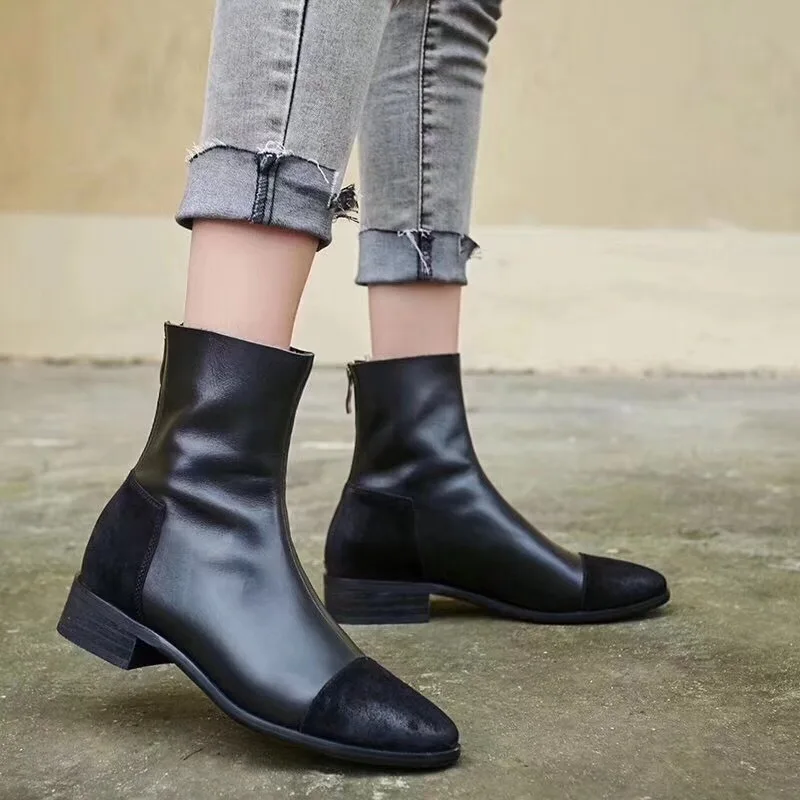 

Autumn And Winter Martin Boots Female Retro British Wind Head Layer Cowhide Color Tube Retro Fashion Women's Flat Shoes