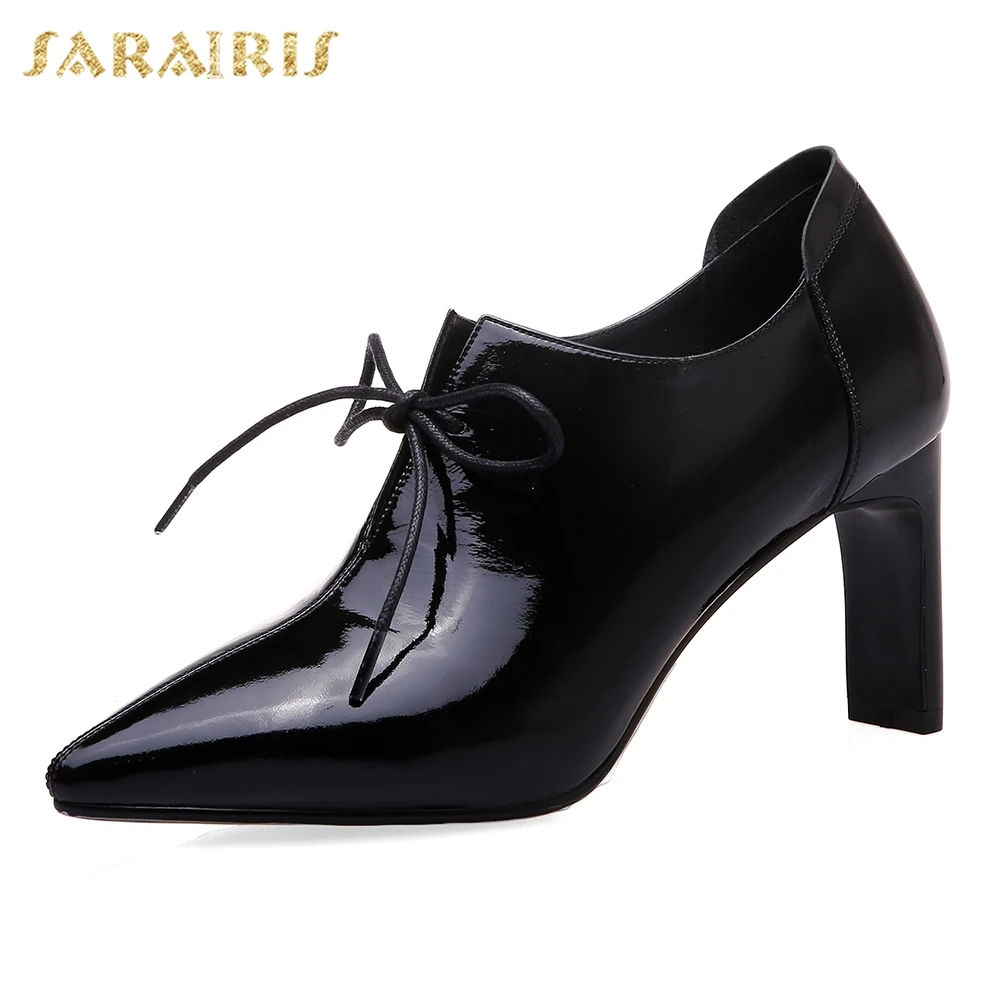 Модная классическая обувь из натуральной коровьей кожи; женская обувь на шнуровке с острым носком на необычном высоком каблуке; женские туфли-лодочки; женская обувь - Цвет: Черный