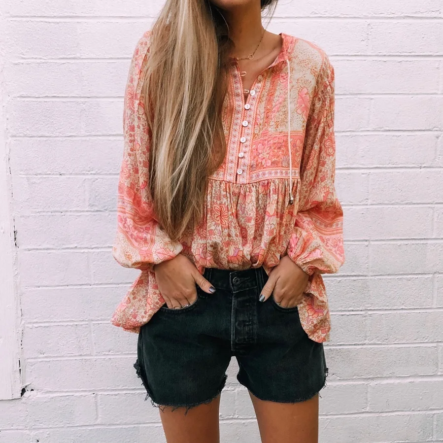 

V-Neck Button Chic Boho Floral Print Shirts Women Tops Long Sleeve Spring Summer Blouses Beach Tops