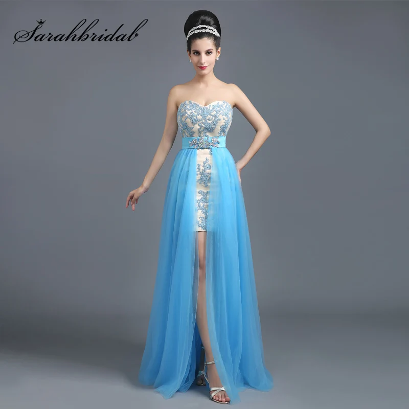 

Simple Sky Blue Lace Appliques Short Cocktail Dresses with Detachable Train Tulle Sweetheart Fashion Women Prom Party Gown SD258