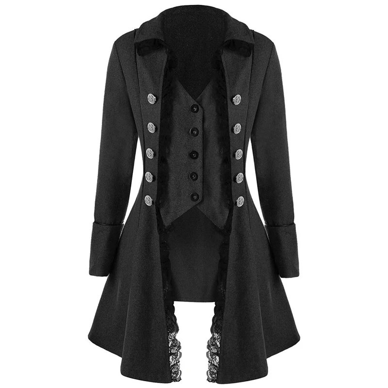Discount Men Fashion Jacket Autumn Warm Gothic Medieval Steampunk Victorian Lace Single Button Coat Long Sleeve Outwear Male Long Trench
