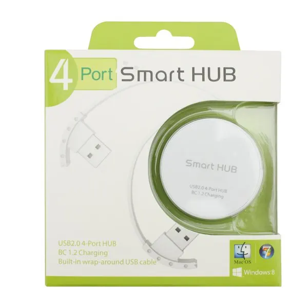 Круглый Форма 4 Порты Smart Hub с Батарея зарядки BC 1.2 встроенный Обёрточная бумага-aound кабель Белый