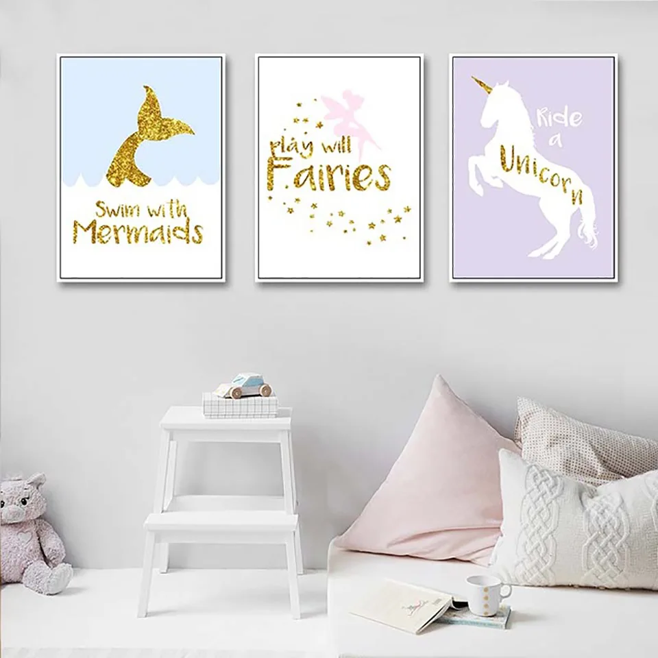 

Home Decor Nordic Style Canvas Modern Unicorn Letter Girl Painting Pictures Wall Art Print Watercolor Modular Poster Living Room
