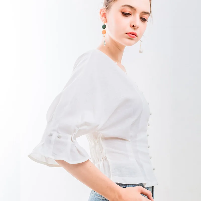 Bella Philosophy Spring Summer Cotton Linen Women Victoria Court Blouse Puff Sleeve French Style Female Blouse Buttons Shirt 2