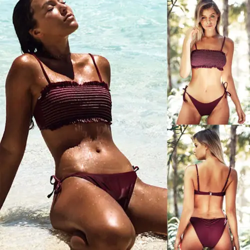 

Sexy Summer Women Lace up Bikini Set Push-Up Bandage Strappy Frill Burgundy Swimsuit Solid Beachwear Swimwear Bathing Suit