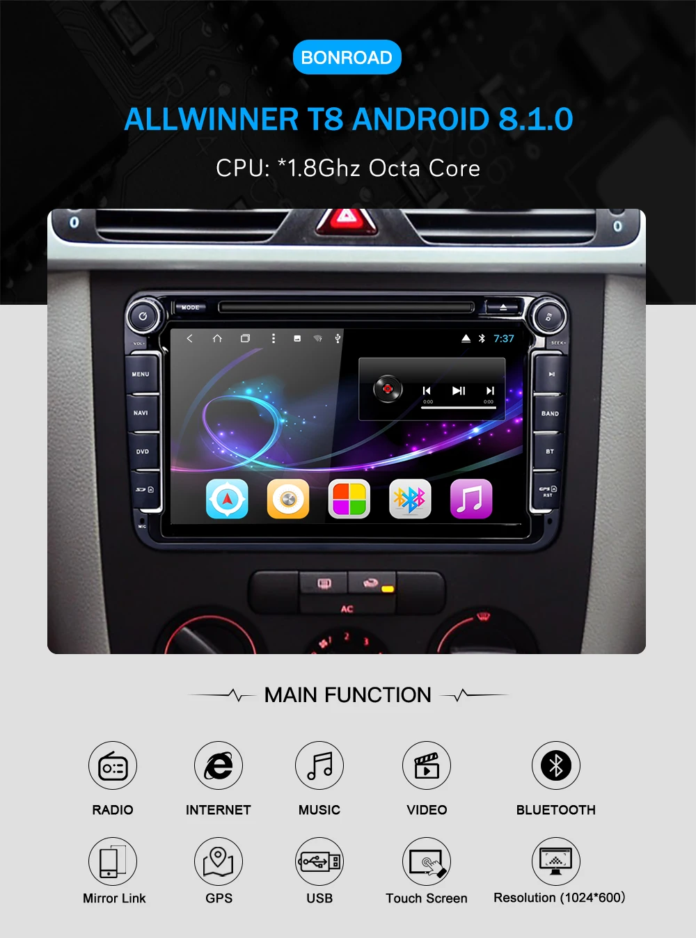 Best Bonroad 801A8D5 T8 Android 8.1.0 Car DVD Video Player For Caddy CC EOS Golf Jetta Passat Polo Scirocco Tiguan For Skoda For Seat 2