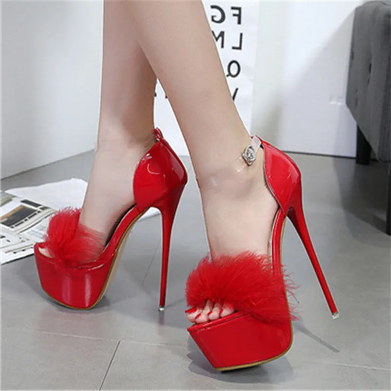 

FeiYiTu 2019 women shoes 16.5CM thin heels feather sandals high heels women shoes sexy pumps hairs size 34-40 Black White Red
