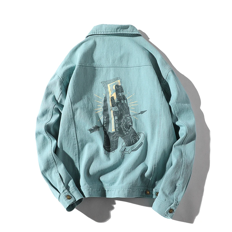 2018 New Denim Jacket Men Streetwear Turn Down Collar Jacket Casual Print Long Sleeve Coat Hip Hop Men Jackets