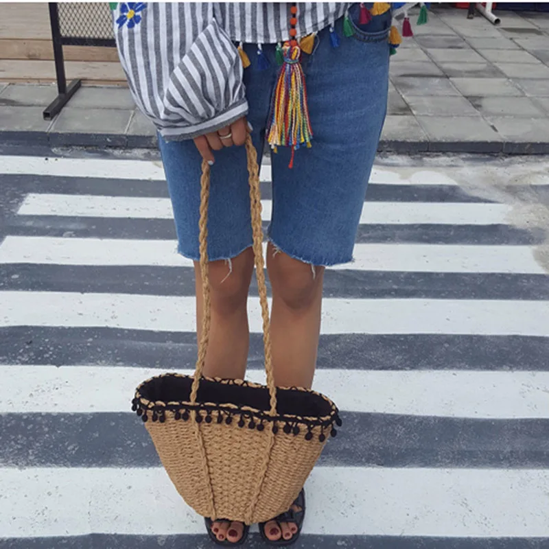 Women Beach Bag 2017 Bohemian Straw Bags Handmade Summer Travel Tote Drawstring Basket Vacation Shopping Handbags SS0282 (3)