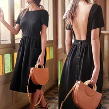 Платья женские черные белые платья модные летние открытые с открытой спиной Элегантные повседневные сексуальные с открытой спиной одноцветные платья на пуговицах-30#10