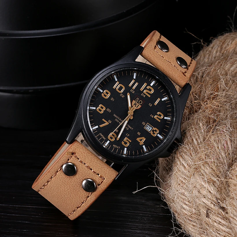 Винтажные классические часы, мужские повседневные водонепроницаемые часы с кожаным ремешком и датой, Спортивные кварцевые армейские часы, повседневные наручные часы, мужские часы
