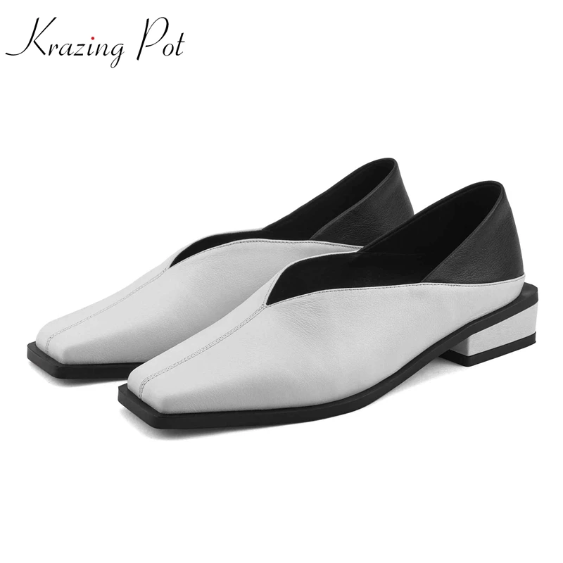 

Krazing pot hot saling genuine leather square toe low heel mixed color elegant lady vintage Autumn season preppy style pumps l16