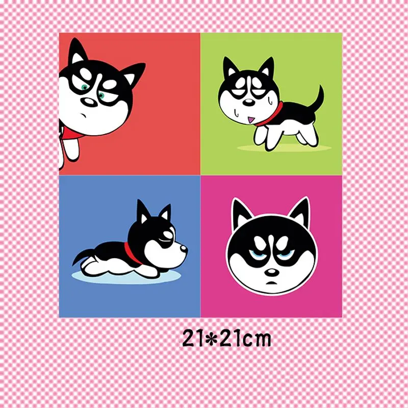 

21x21cm Cartoon Spoof husky Iron On Patches Stickers Washable Appliques A-level Heat Transfer For DIY T-shirt Clothing Jeans