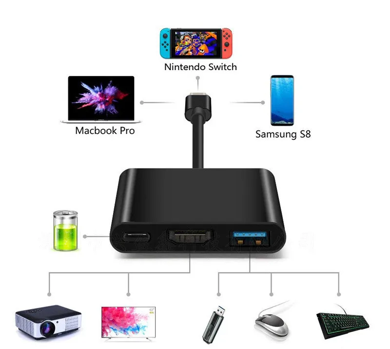 Адаптер USB C HDMI 3 в 1 4K Type 0 порт + (PD) конвертер для ноутбука Macbook Nintendo Switch|Кабели HDMI| |