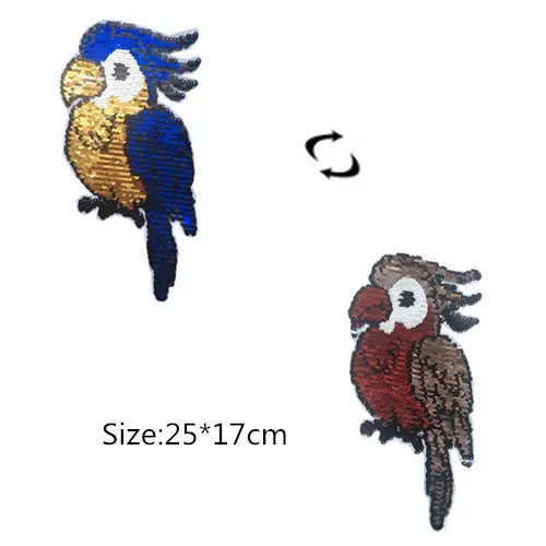 

NEW Cartoon Parrot Reversible Sequins Sew On Patches for clothes Kids T Shirt Change color Embroidered Reverse Patch