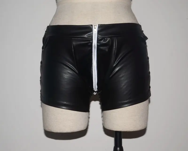 Черные из лакированной кожи PU 2 боковые повязки шорты для мужчин сексуальное женское белье Мужская сексуальная соблазнительная одежда