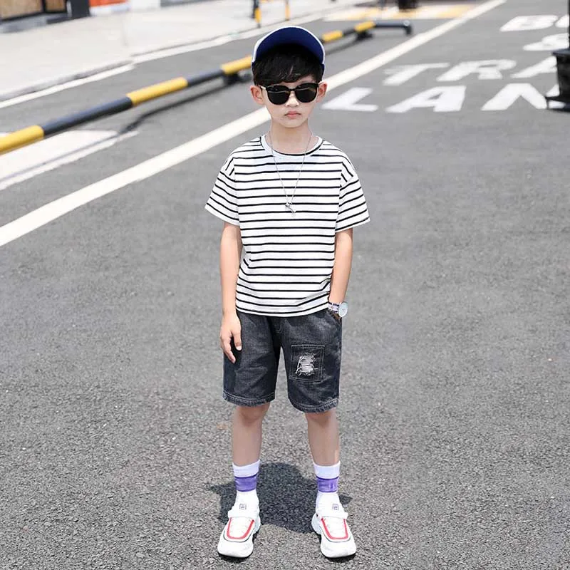 

Teen Boys Clothes Set Summer 2019 Kids Tracksuit YearStriped Short T shirt Jeans Suit For Boys Children Costume Clothing 12 Year