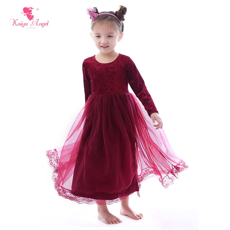 US $72.01 Kaiya Angel Toddler Kids Girls Long Sleeve Dress Wedding Party Wine Red Gauze Dresses Winter Autumn Spring Children Clothing