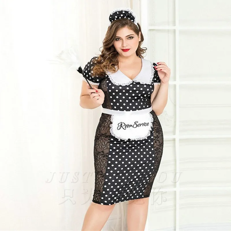 

High Quality Plus Big Size Maid Cosplay Costumes Sexy Fantasia Quente Hot Erotic Maid Transparent Lace Polka Dot Baby Doll Dress