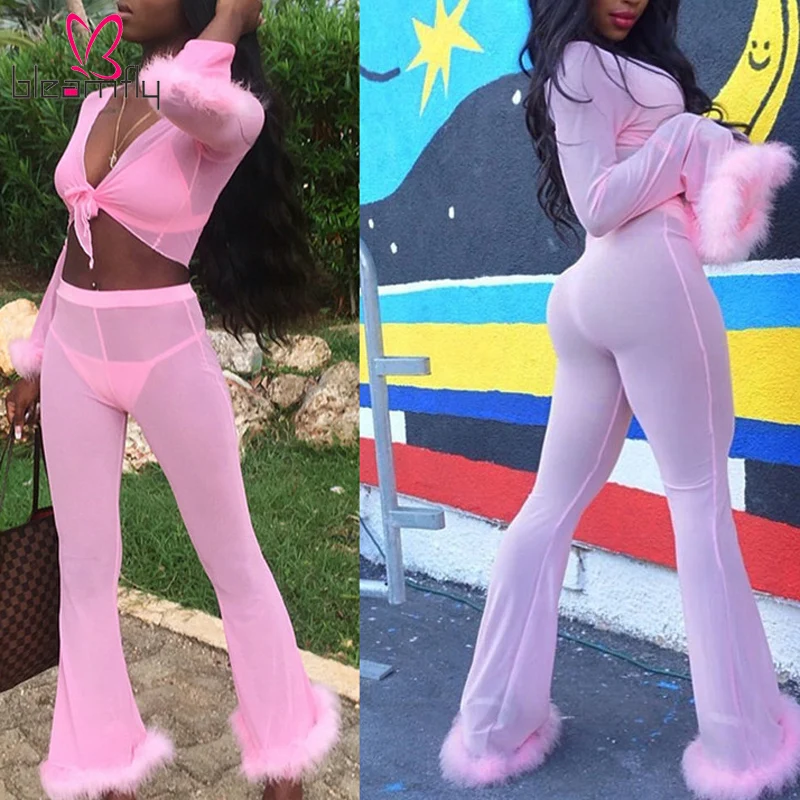 

Sexy Pink Mesh Tracksuit for Women Sweat Suit two Piece Set Women Solid Lace Up Crop Top And Flare Pants Party Beach Outfits