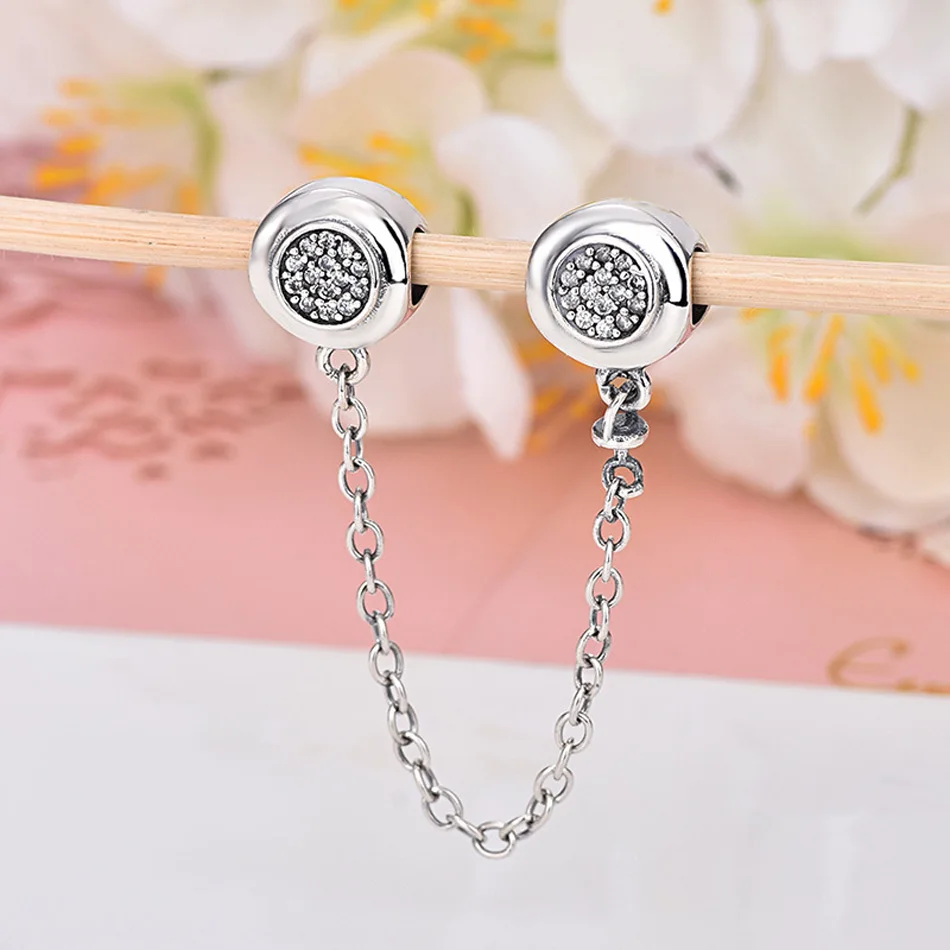 

S925 Silver DIY Jewelry Pave Crystal Clasps Safety Chain fit Pandora Bracelets & Bangles Clear CZ Lady Hearts Charms