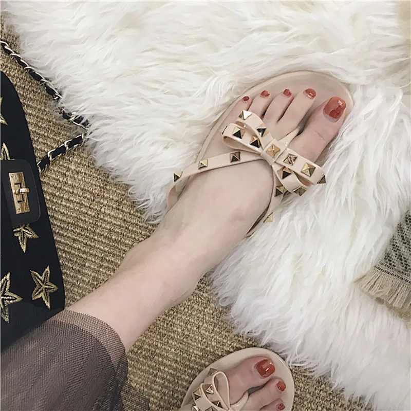 

Bailehou Women Flat Slippers Casual Shoes Slip On Slippers Beach Flip Flops Rivets Butterfly Knot Women Summer Jelly Shoes Woman