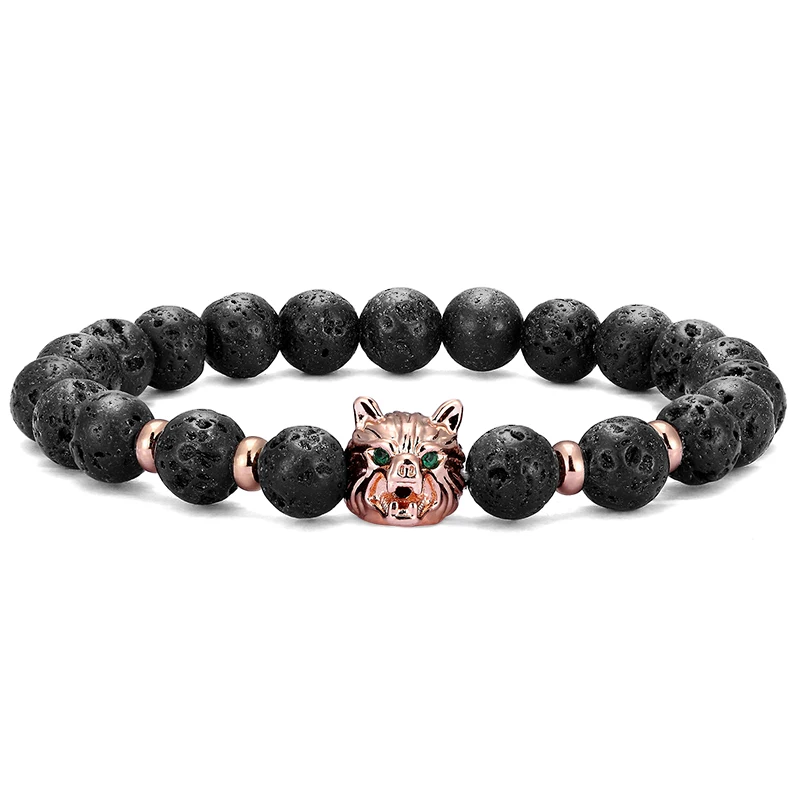 

Retro fashion charm wolf head CZ bracelet animal head natural stone lava rock elastic line stone beads yoga bracelet jewelry