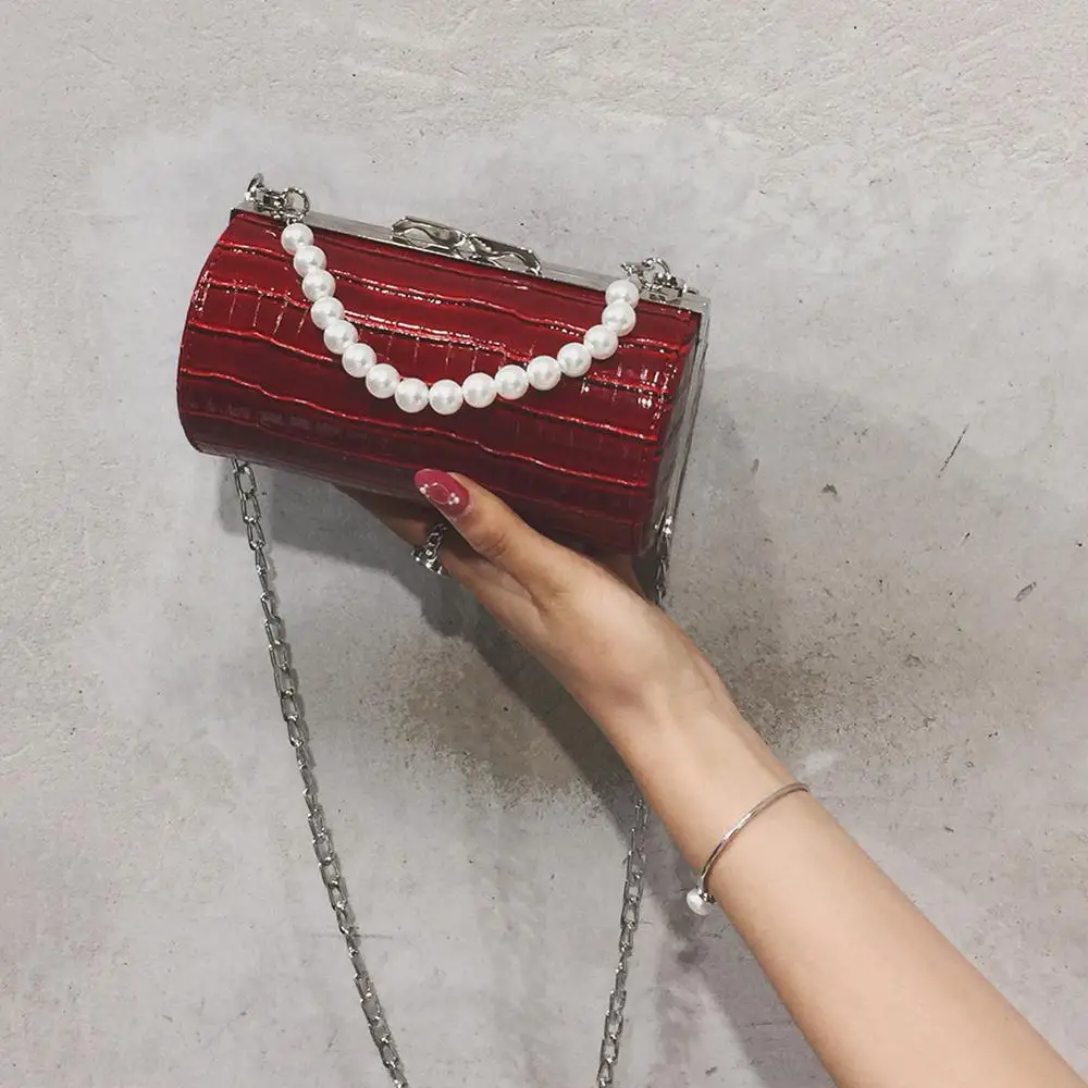  Women Cowhide Leather Clutch Bags Pearl Grain Cylinders PU Messenger Chain Bag Cylindrical Handbags