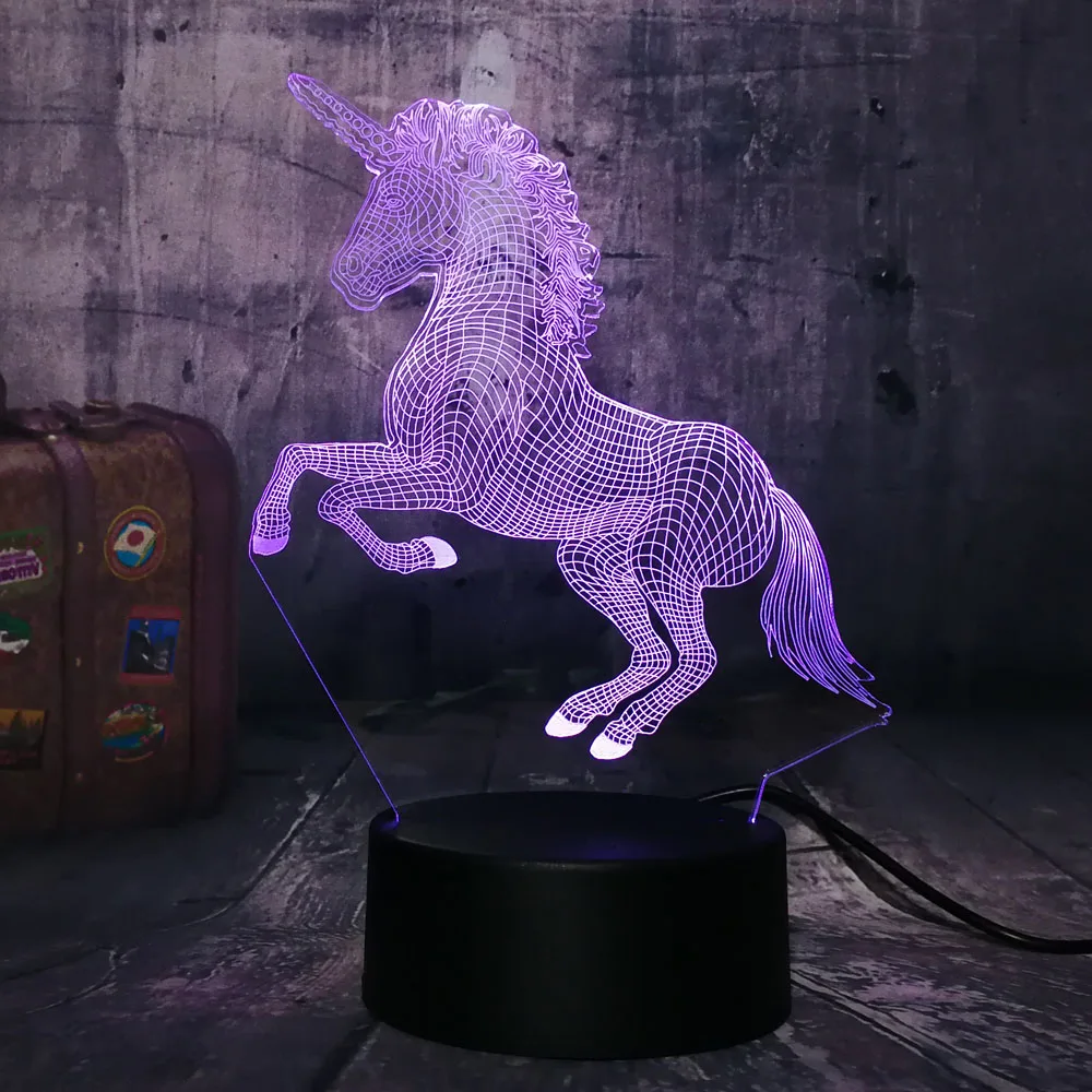 Новый красивый 3D светодиодный ночник в виде единорога настольная лампа