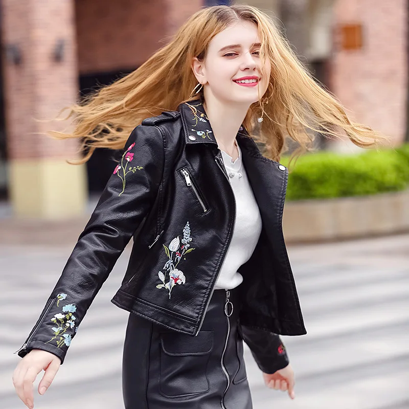 

Embroidery Faux Leather Coat Motorcycle Zipper Pu Leather Jacket Women Fashion Cool Outerwear Winter Jacket Jaqueta Couro Coat