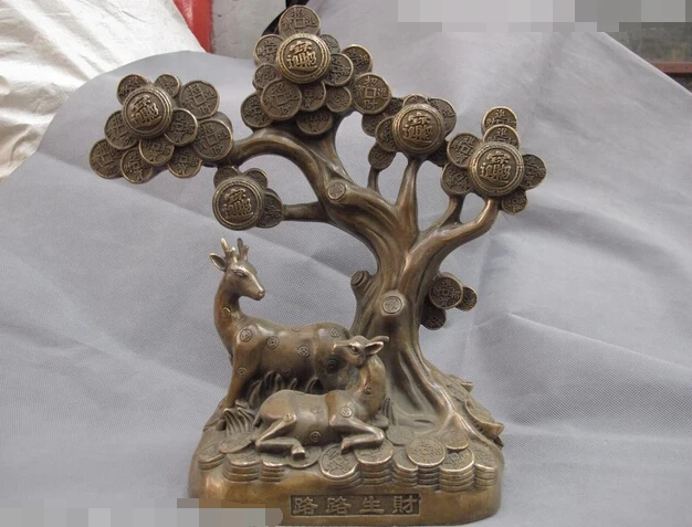 

wholesale factory Chinese Copper Bronze Feng shui Lucky Wealth Two Sika deer Money Tree Statue