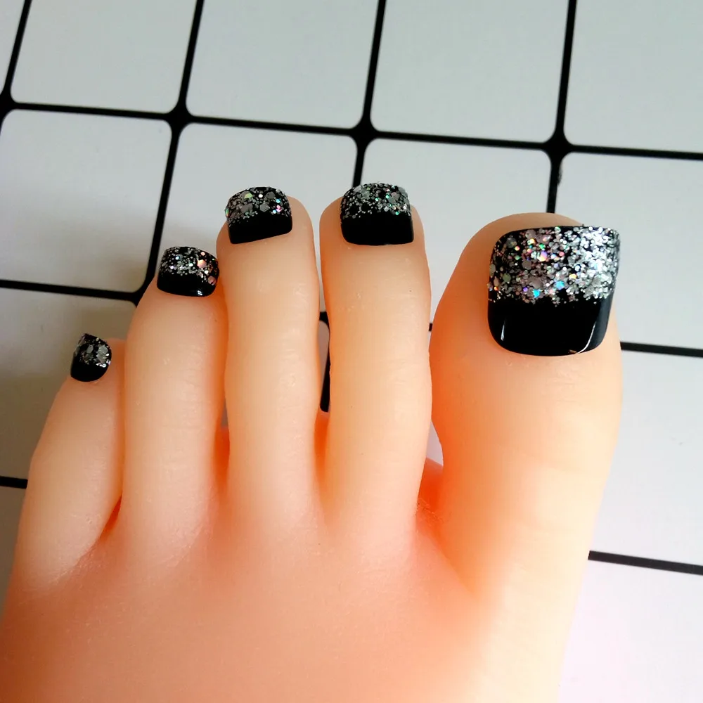 24 шт, искусственные ногти для пальцев ног, блестящие серебристые, черные, накладные ногти для ногтей, французские накладные ногти, модные женские кончики для ногтей