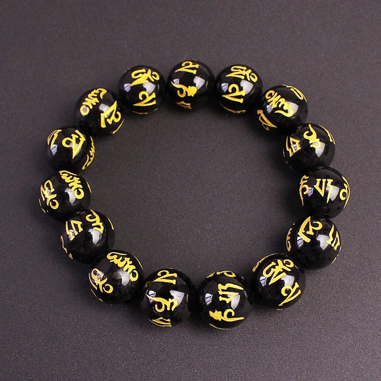 Черные 8-14 мм стеклянные четки для чтения мантр браслеты и браслеты унисекс Ом Мани Падме Хум Йога бисером эластичные браслеты религиозные ручные струны
