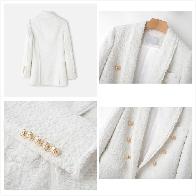 High Quality White Black Tweed Office Blazer Women Long Sleeve Gold Double Buttons Designer Blazers Outer Jacket Female Autumn