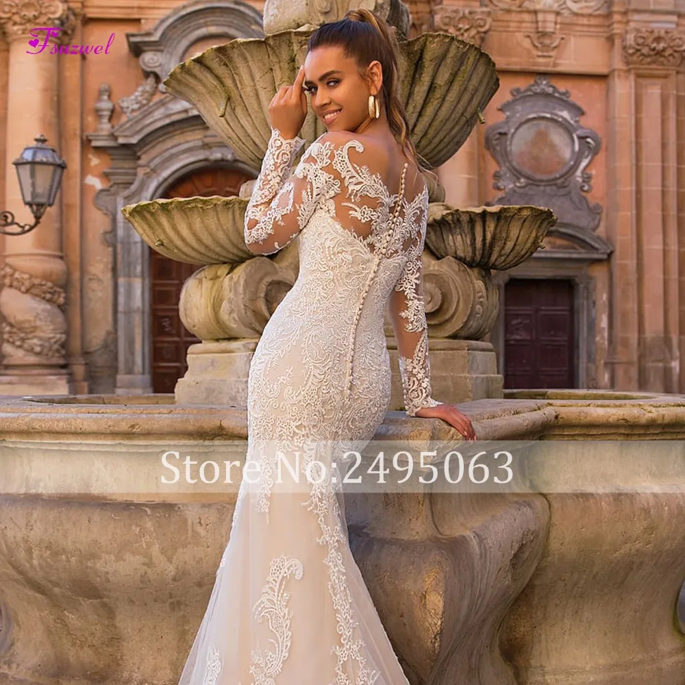 Fsuzwel Gorgeous Appliques Detachable Train Mermaid Wedding Dress 2022 New Arrival Boat Neck Long Sleeves Bridal Gown Plus size summer wedding guest dress