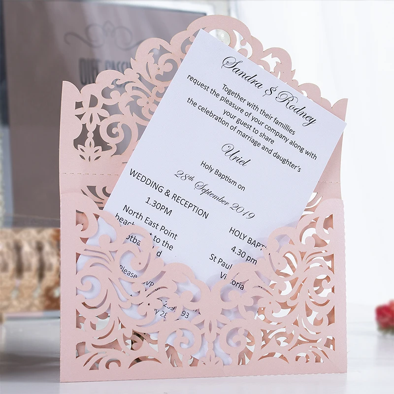 H& D 60 шт Заказная розовая Свадебная пригласительная открытка розовая лазерная резка цветочный дизайн день рождения поздравление перламутровая бумажная открытка Персонализированная