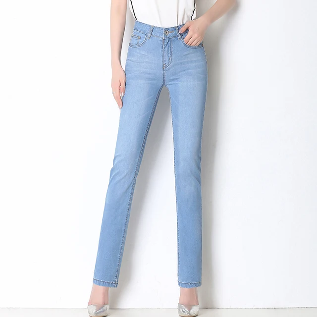 2019 Brand Elastic Skinny Pants Women High Waist Straight Jeans Female Washed soft Plus Size Office Lady Trousers Light Blue 4