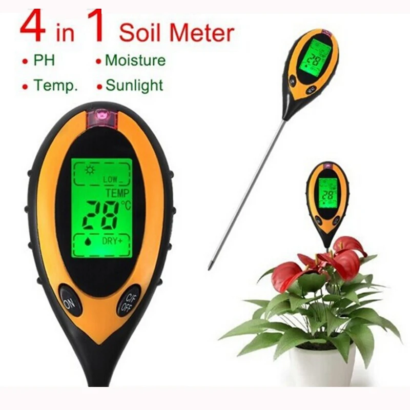 

4 in 1 Digital Garden Plant Flower Sunlight Moisture Temp PH Tester Meter Soil Survey Instrument Analyzer Tools AMT-300