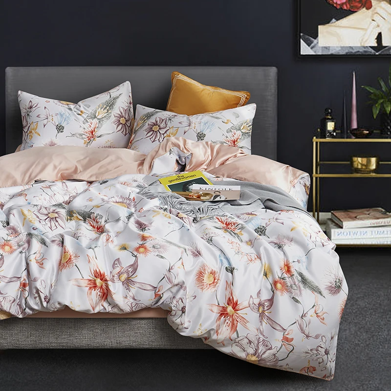 

Satin Silk Flat sheet Summer used Bed Covers Flower Printed Bedding Sets Queen King Size Sheet Pillowcase Duvet Cover Sets 4 Pcs