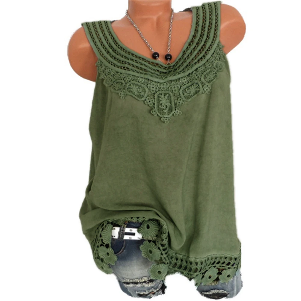 Summer Women Lace Flower Loose Sleeveless Tank Top Elegant Casual Plus Size S-5XL O-Neck T-shirt Female Solid Camisole Tops - Color: Army green