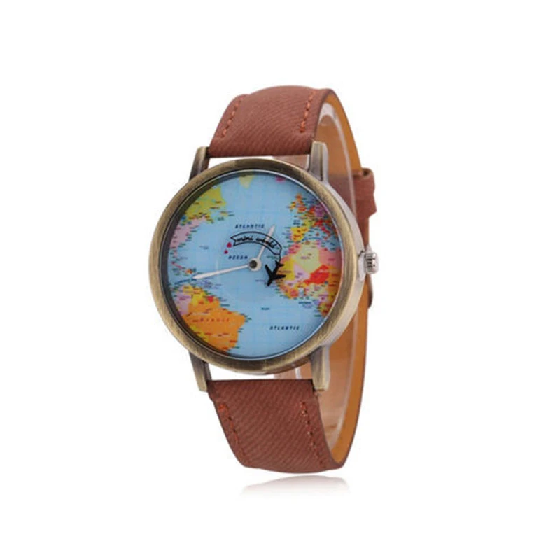 

2019 World Map Airplane Needle Watch Women's Men's Denim Canvas Leather Belt Roman Quartz Watch