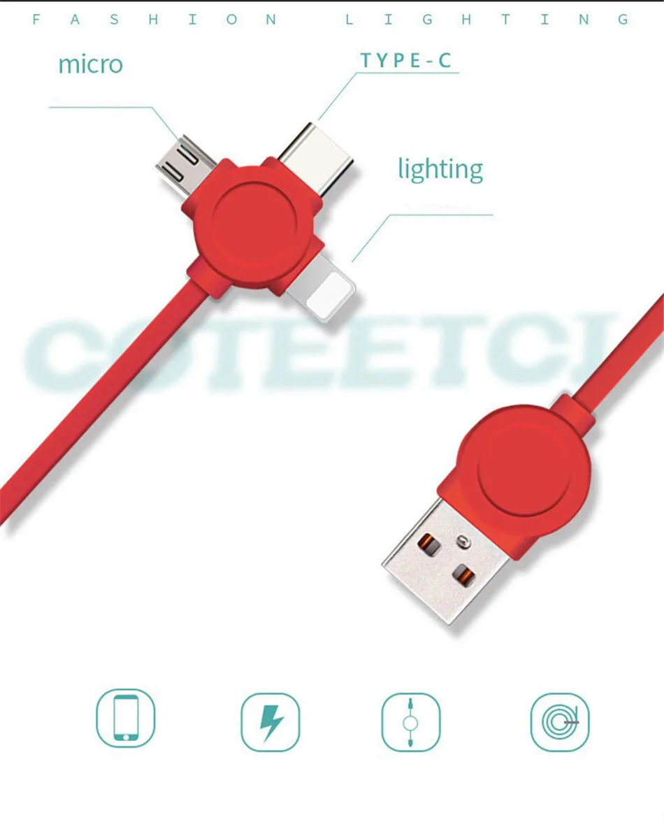 NOHON 3 in 1 USB Cable Type C Lighting Charge Cable For iPhone X 7 8 Plus IOS For Xiaomi Huawei Samsung Fast Charging Cables 1M (4)