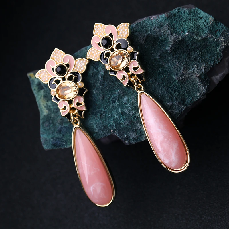 KISS ME Pink Synthetic Stone Enamel Teardrop Hanging Earrings Party New Drop Earrings for Women Brand Jewelry