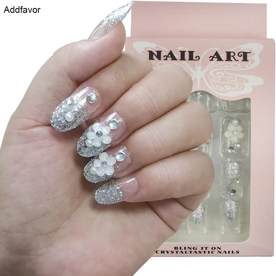 

24Pcs/Set Press on Nails Rhinestone Finished False Nail Tips Bride Lace Flower Fake Nails Tips Fingernail Extension Decoration